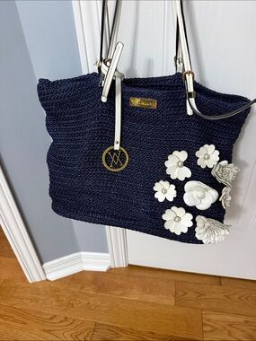 Navy Woven Tote with White Floral Accents